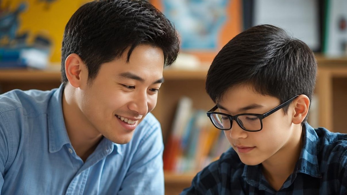 선생님이 학생 옆에 앉아 교재를 함께 보며 1:1 방문 과외를 하는 모습